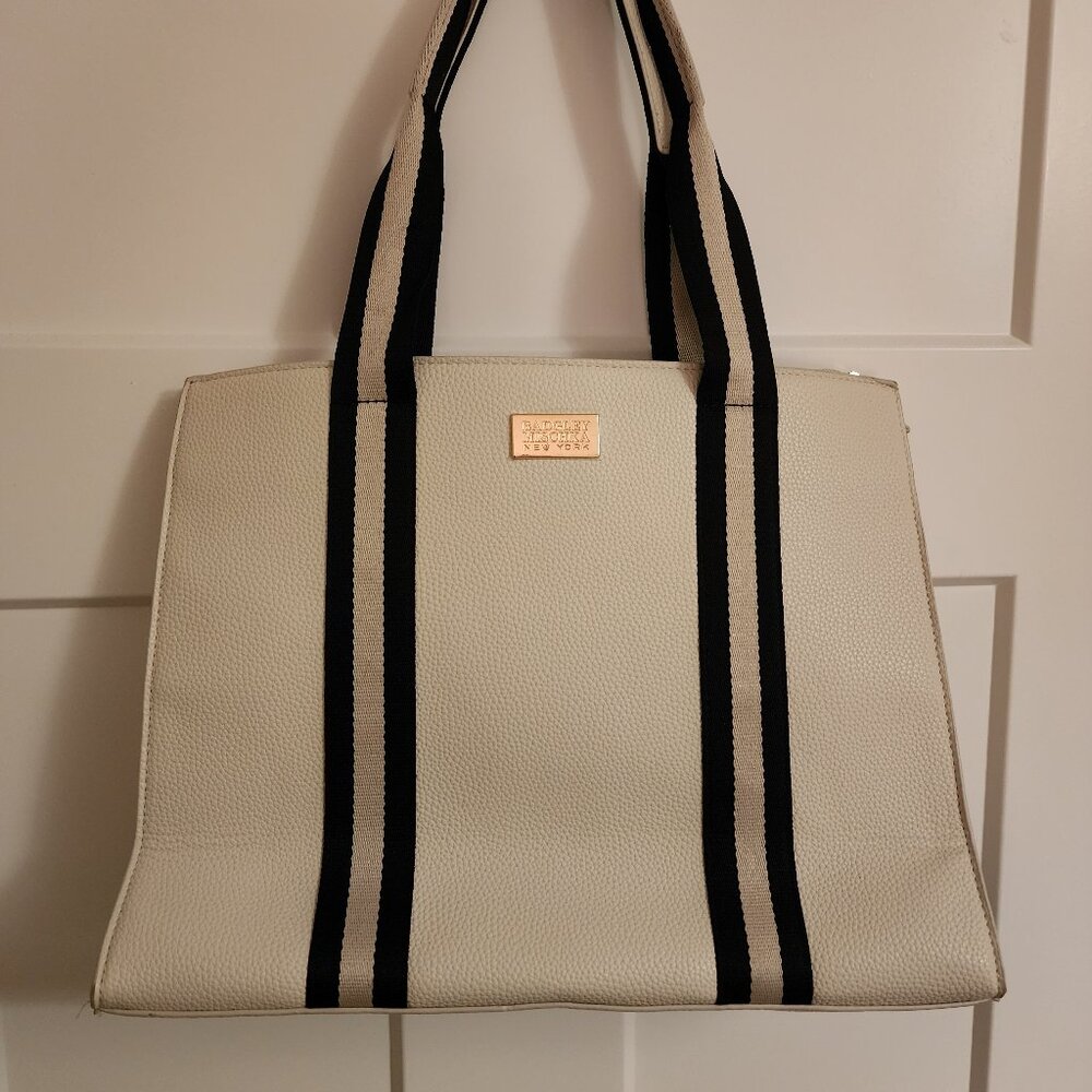 Badgley Mischka Cream Leather Tote with Black and Cream Striped Straps